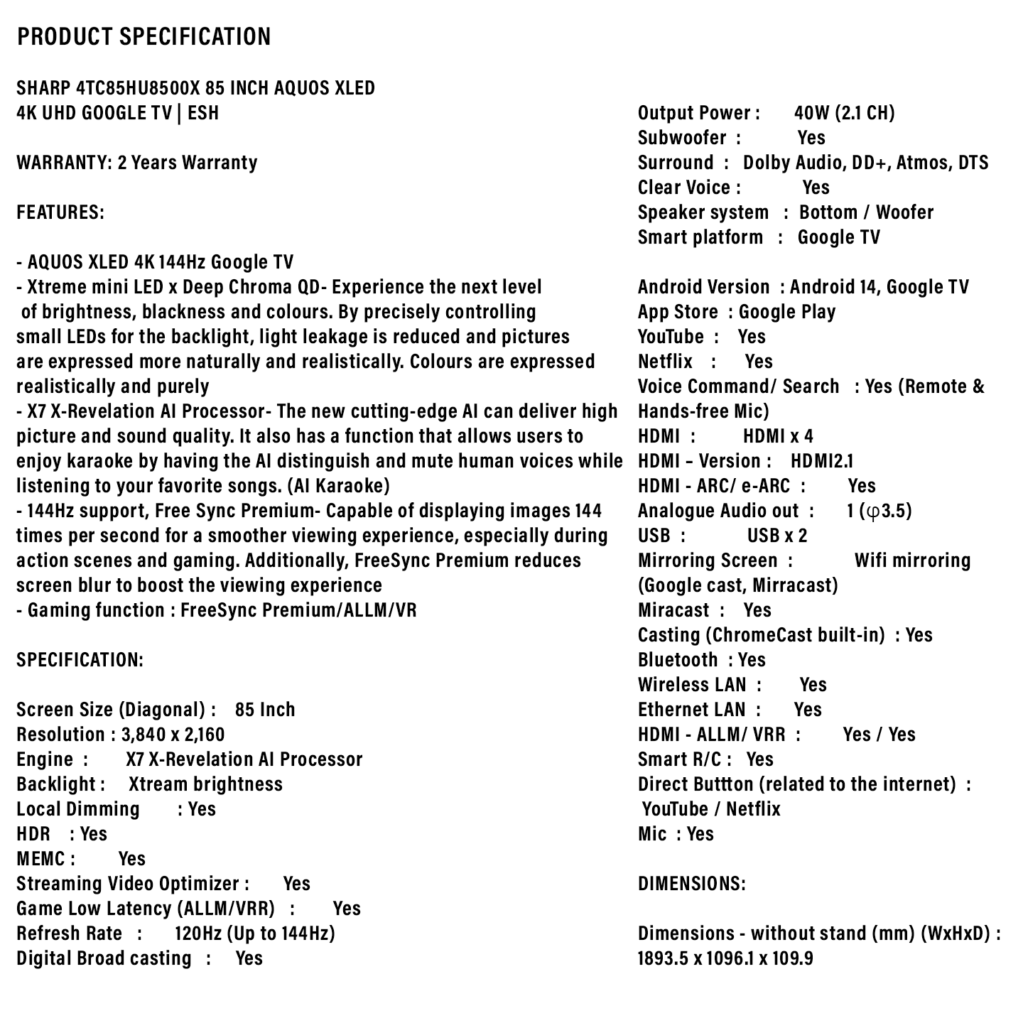 Sharp 85" 4K UHD XLED Google TV (4TC85HU8500X)