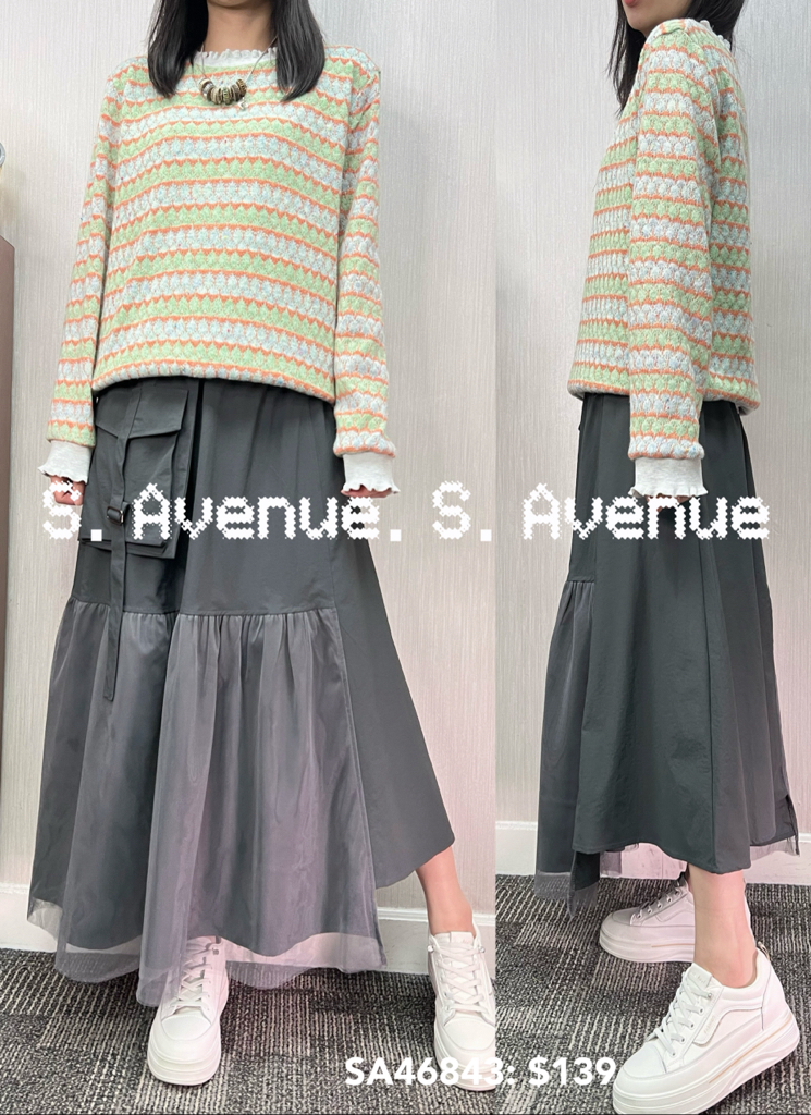 SA46842: 長袖波浪邊領橫間毛lace top