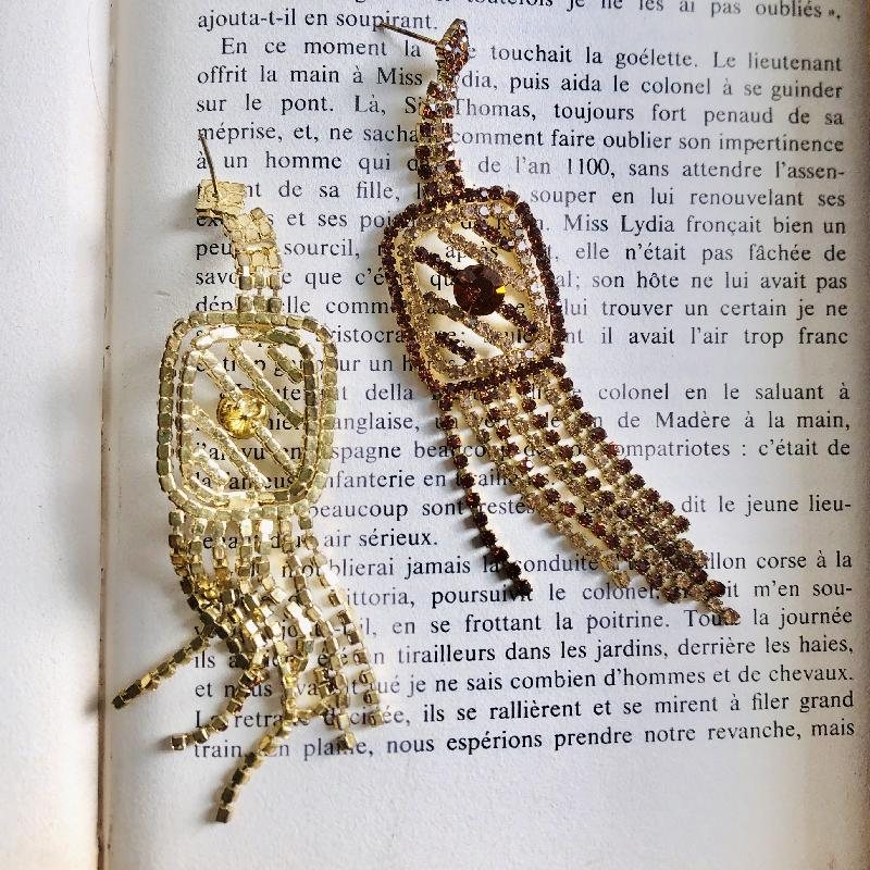 C.a. 1980s Amber Brown and Yellow Rhinestone Flapper Cocktail Tassel Pierce Earrings(MT1802)
