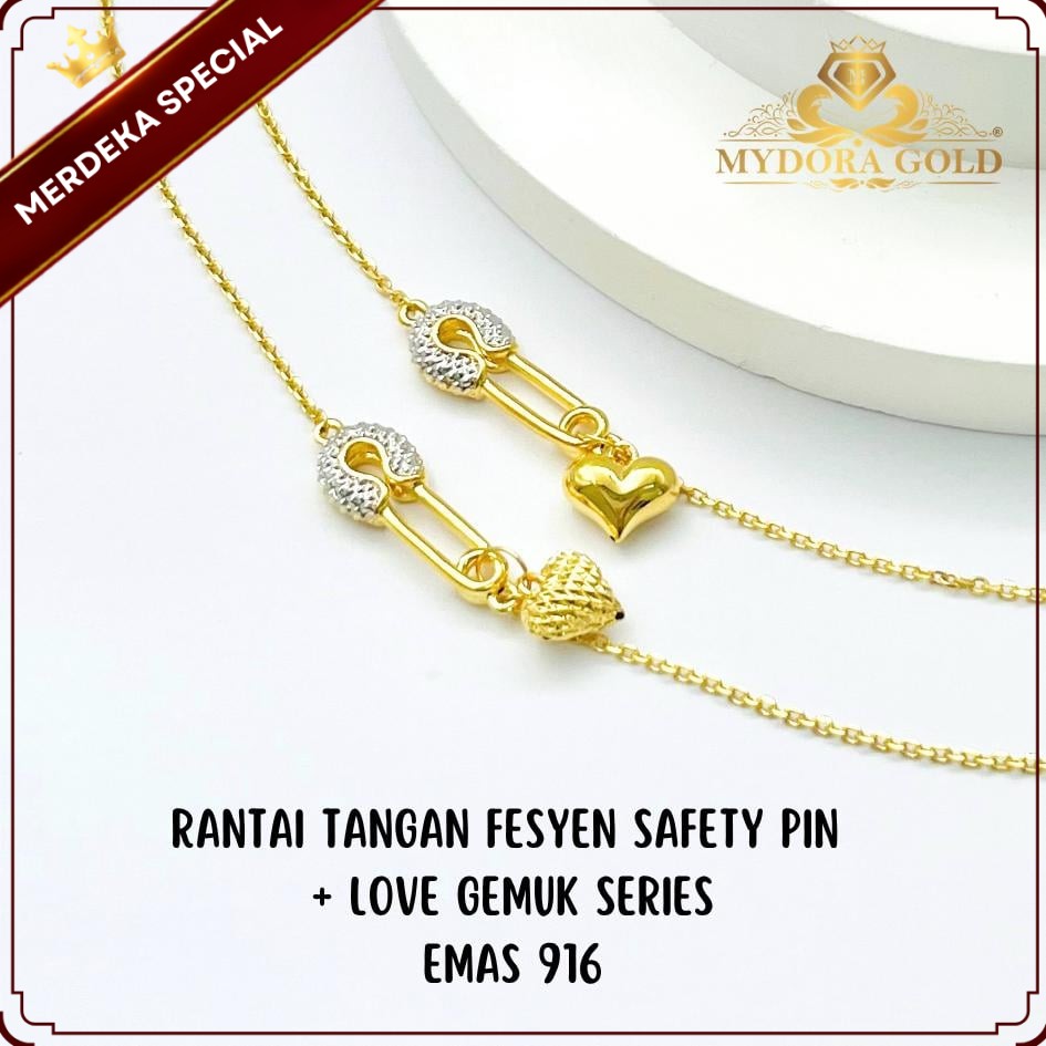 MYDORA Rantai Tangan Fesyen Safety Pin + Love Gemuk Series l EMAS 916/22K