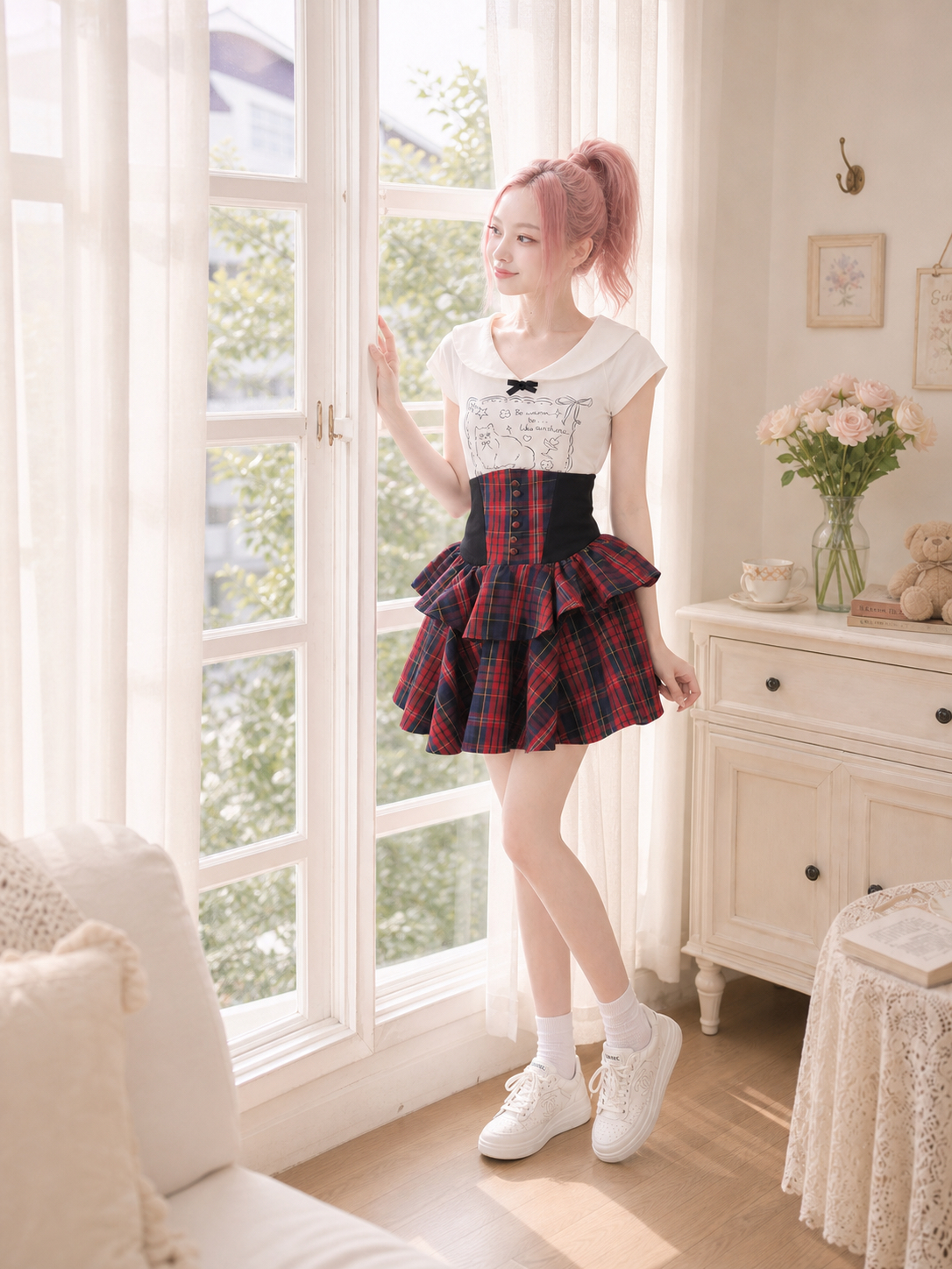 【APV Girliness 】緋紅諾言復古高腰宮廷雙層蛋糕格子裙  Victorian High-Waist Tartan Tiered Skirt