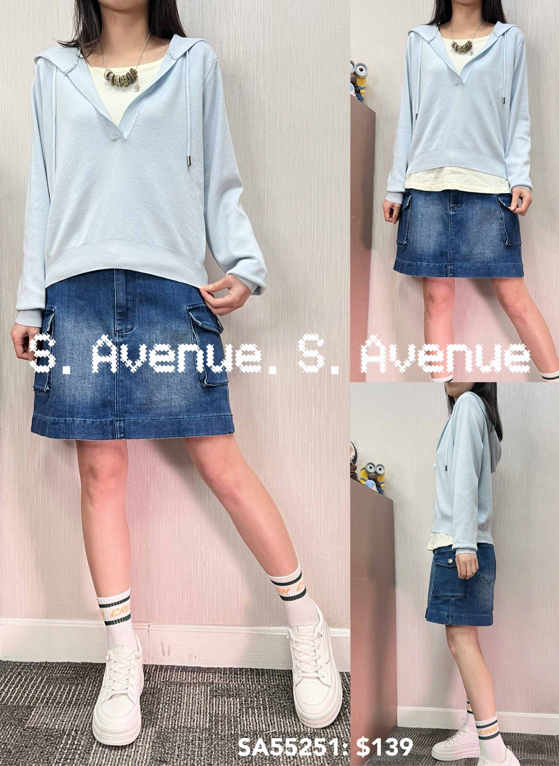 SA55251: 長袖有帽假兩件線top