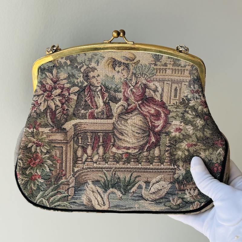 Vintage C.a. 1960s La Marquise Italian TapestryCourting Couple Pattern Double-Sided Handbag (MT2121)