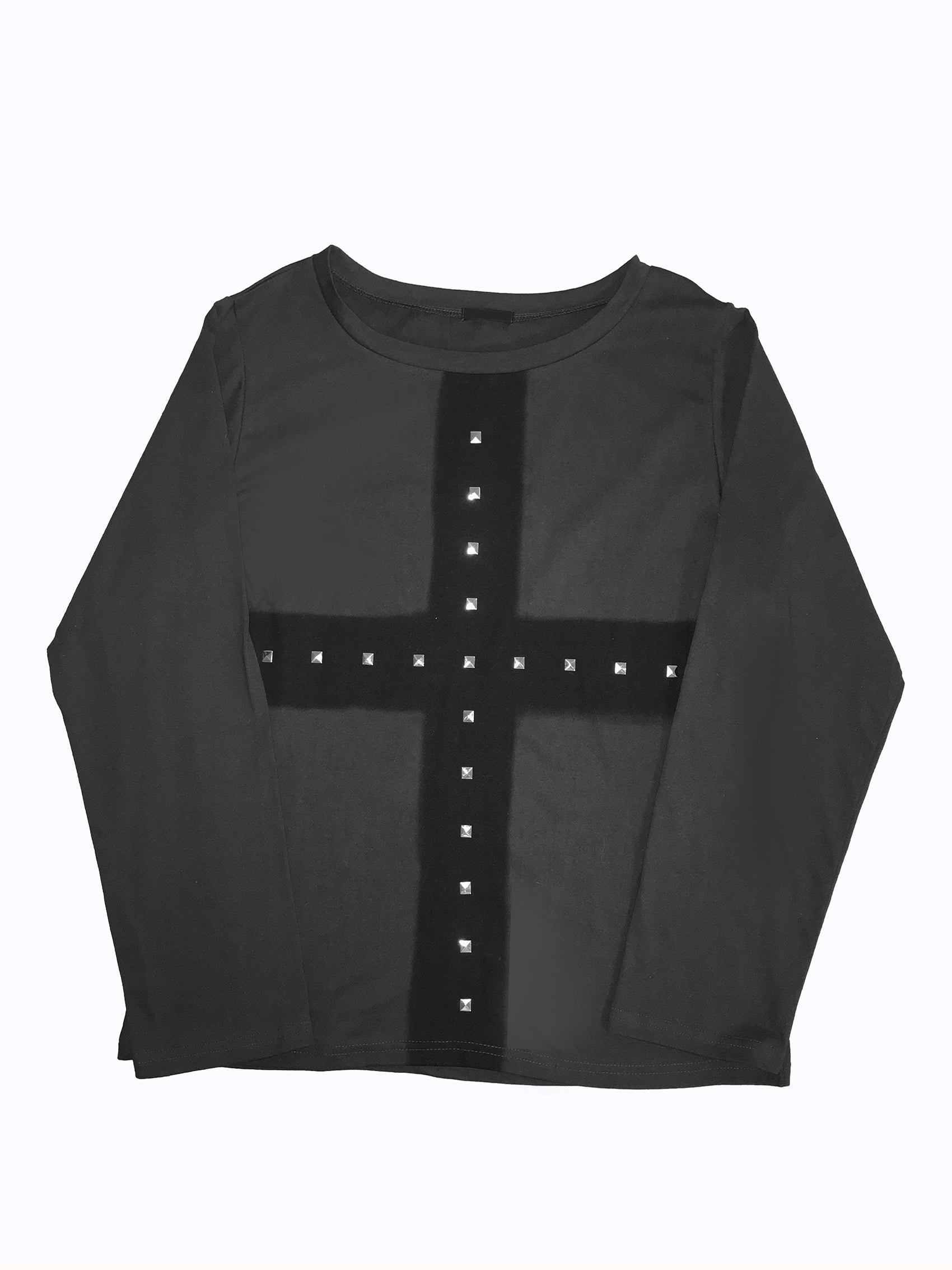 Off-Shoulder Cross Print Studded Long Sleeve