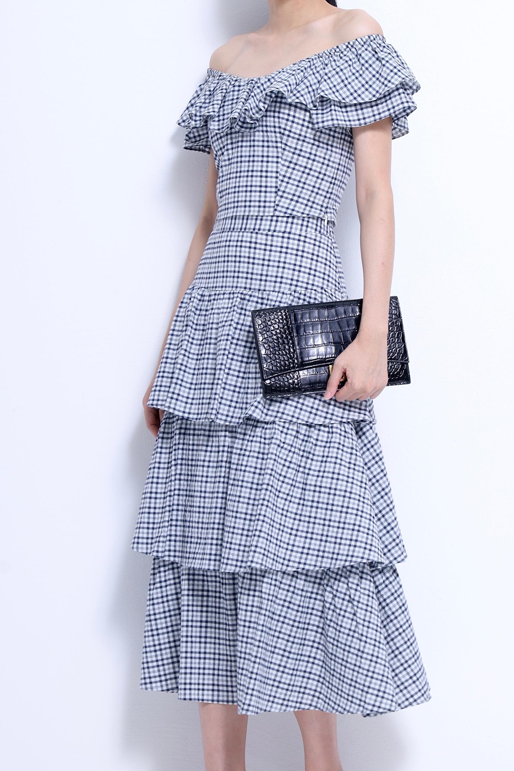 CB2763 Gingham Ruffle Off-Shoulder Top
