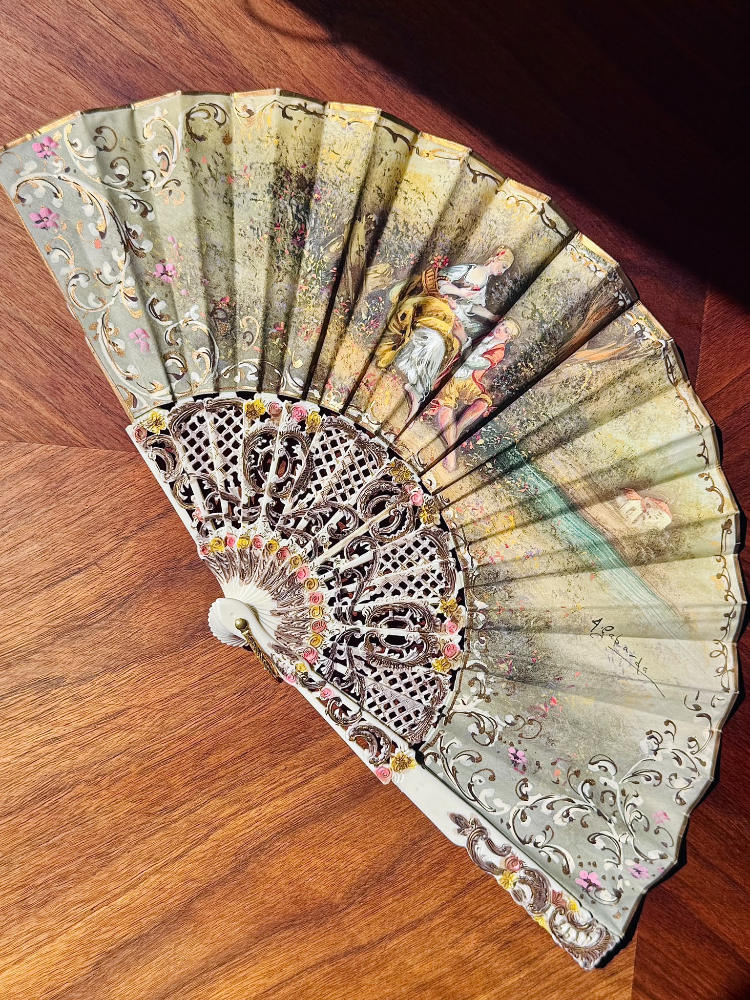 Antique c. 1890–1920 European Hand-Painted & SIgned Rococo Revival Folding Fan (MT2616)
