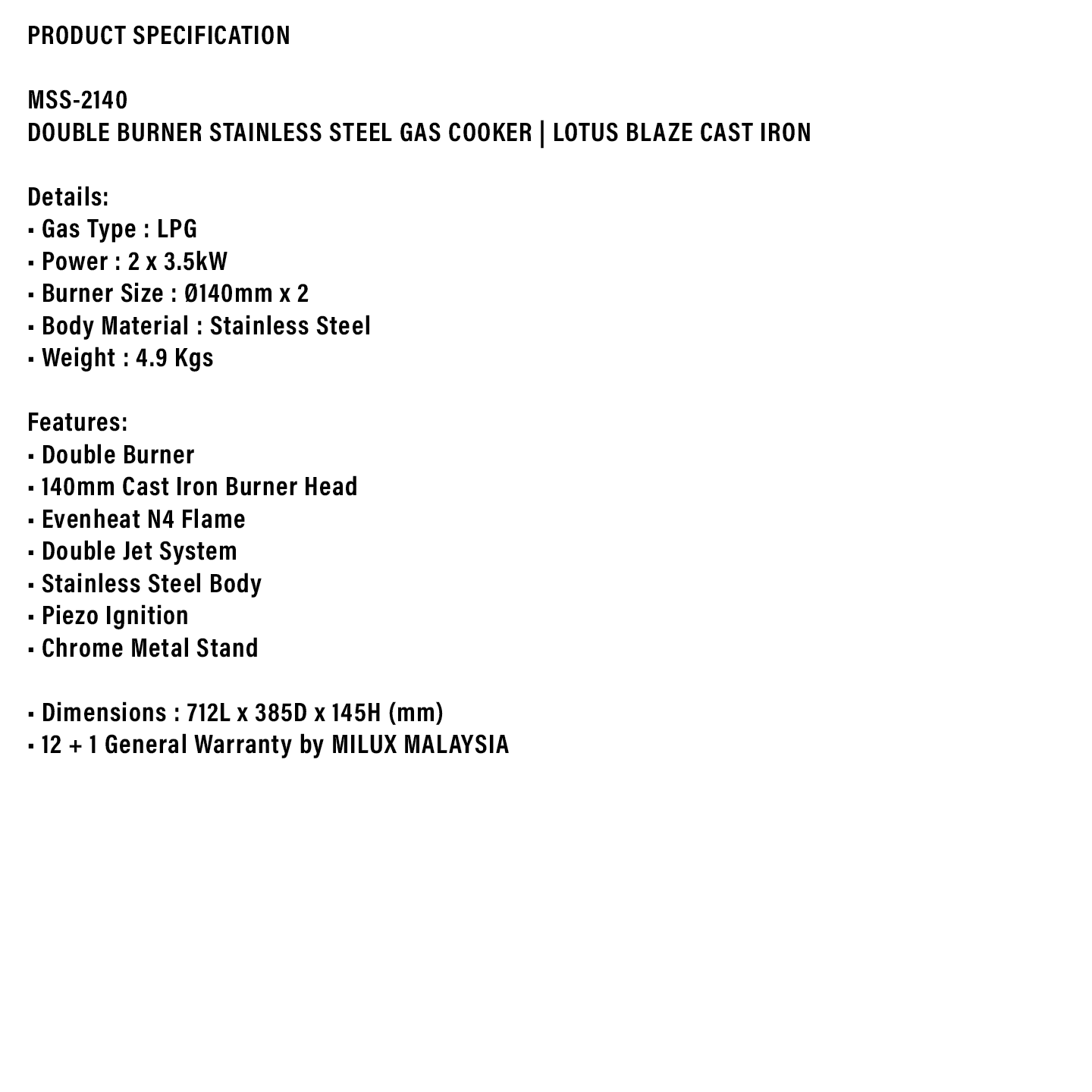 Milux Stainless Steel Double Burner Gas Cooker (MSS-2140)