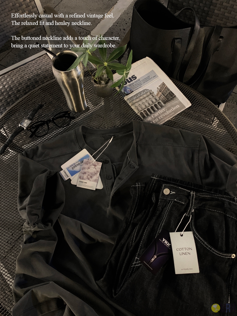 【100%保證韓國直送】Heritage Aero Cool 復古水洗拼接線亨利領半袖棉質Tee 👕【4 color】RL115108