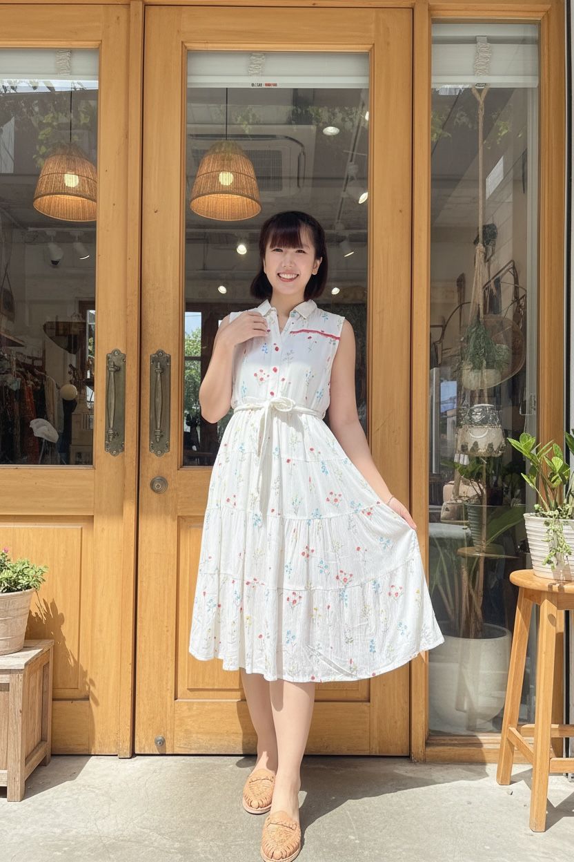 1977 White Mini Floral Sleeveless OP (CAN ADD SLEEVE) 42"