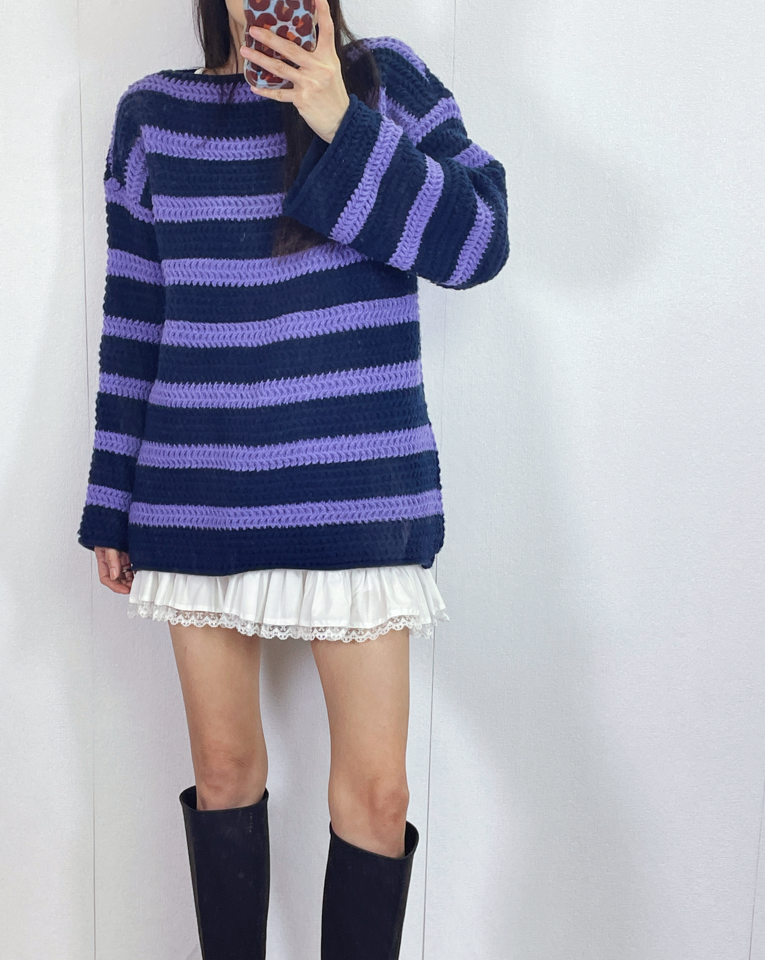 K5528 粗線橫間一字領長身身針織