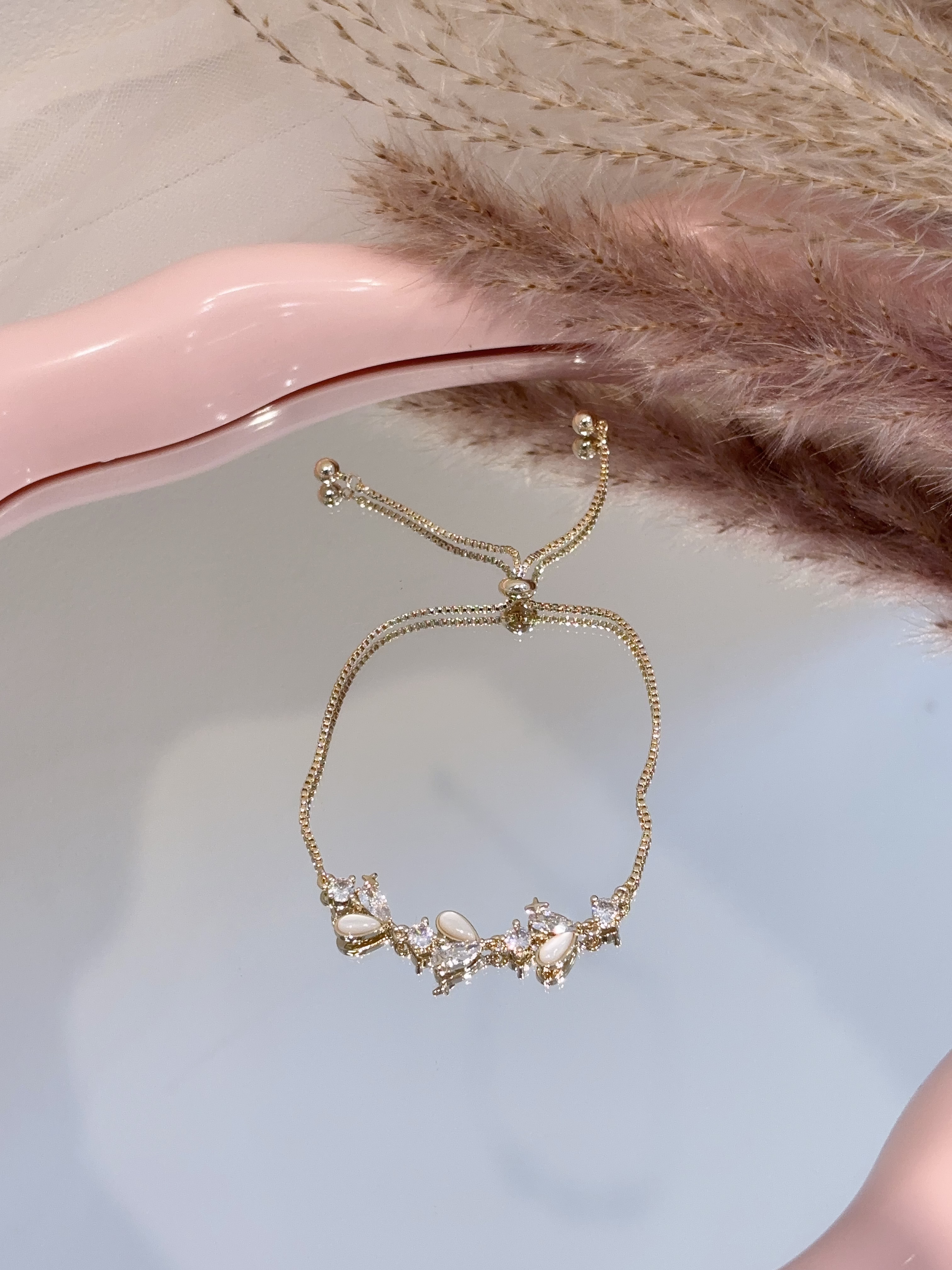 猫眼×钻石叶子形抽绳手链