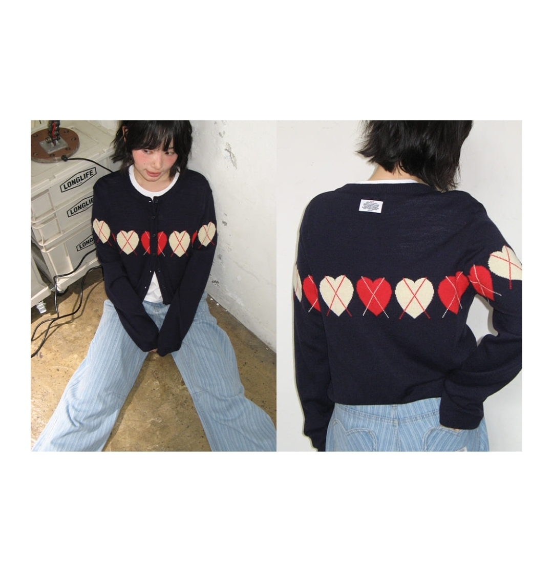 Ron Ron Heart Argyle Line Knit Cardigan