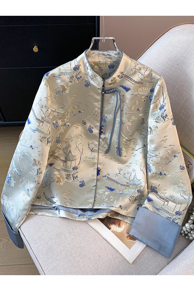 B291(0218外套) 新中式气质立领单流苏盘扣兰亭序重工织金蓝外套上衣