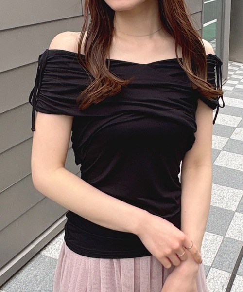 露肩交叉褶皺上衣【JT040】