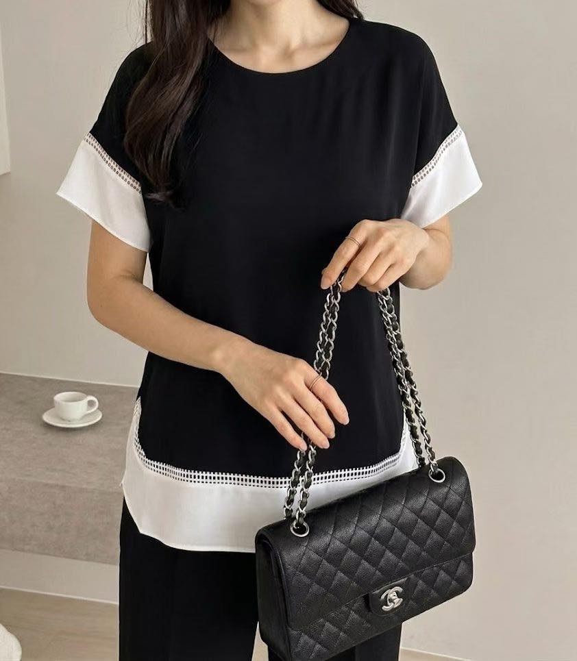 法式簡約鏤空拼接上衣