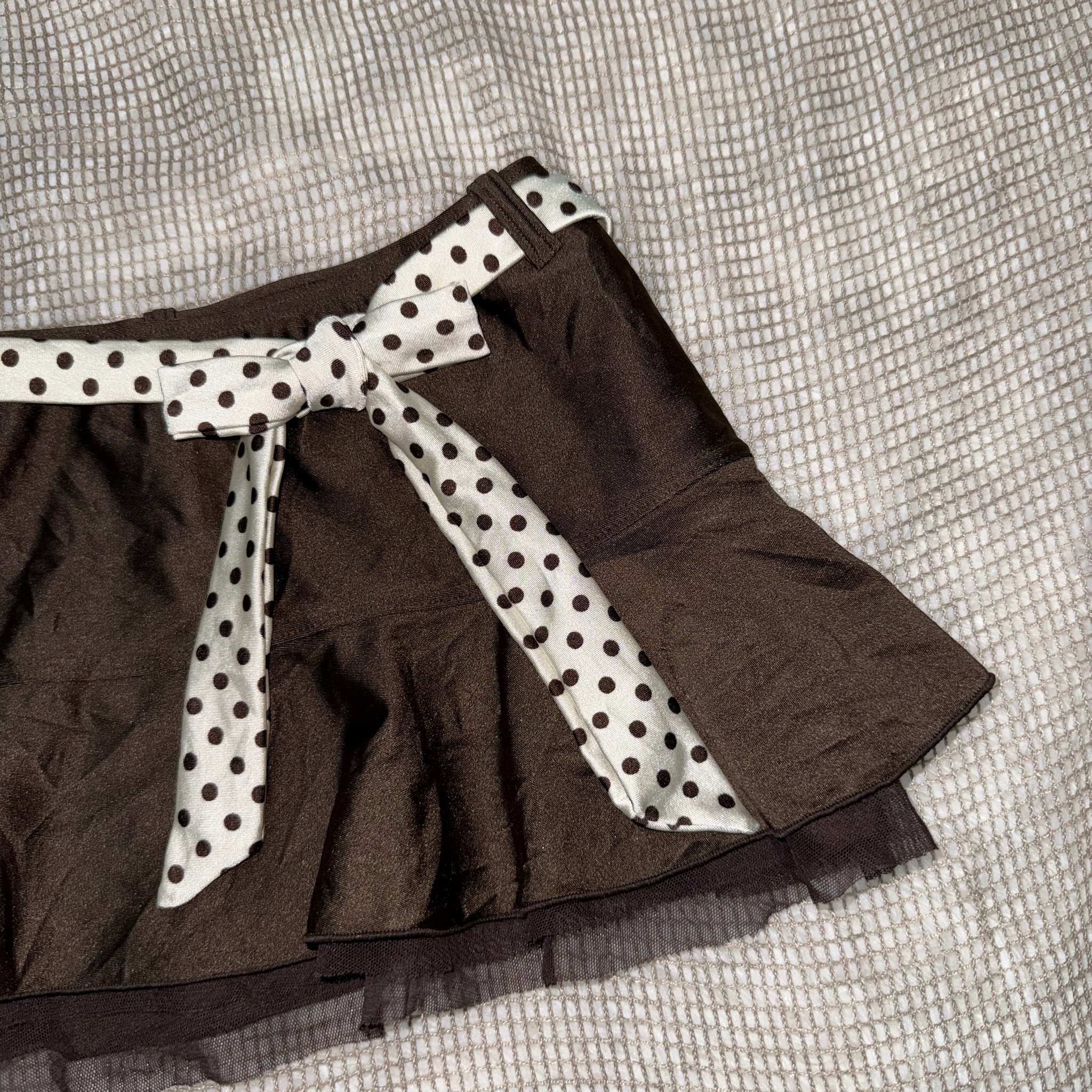 Brown Raffle Mini Skirt with Polka Dot Belt