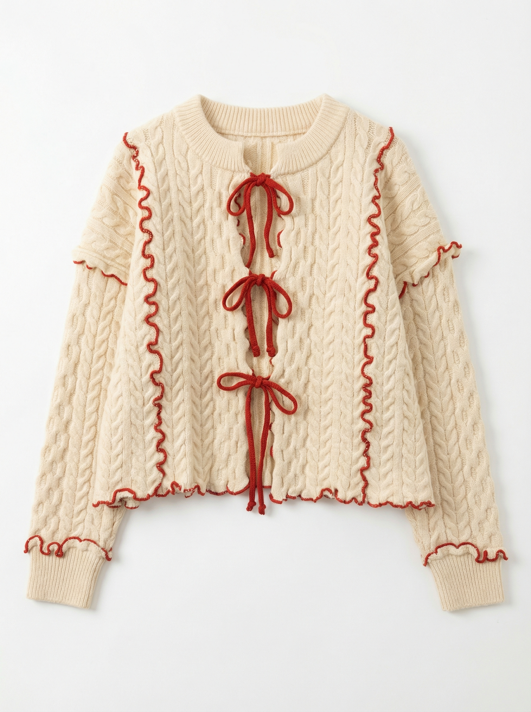 灰色/米白荷葉邊蝴蝶結毛絨針織毛衣