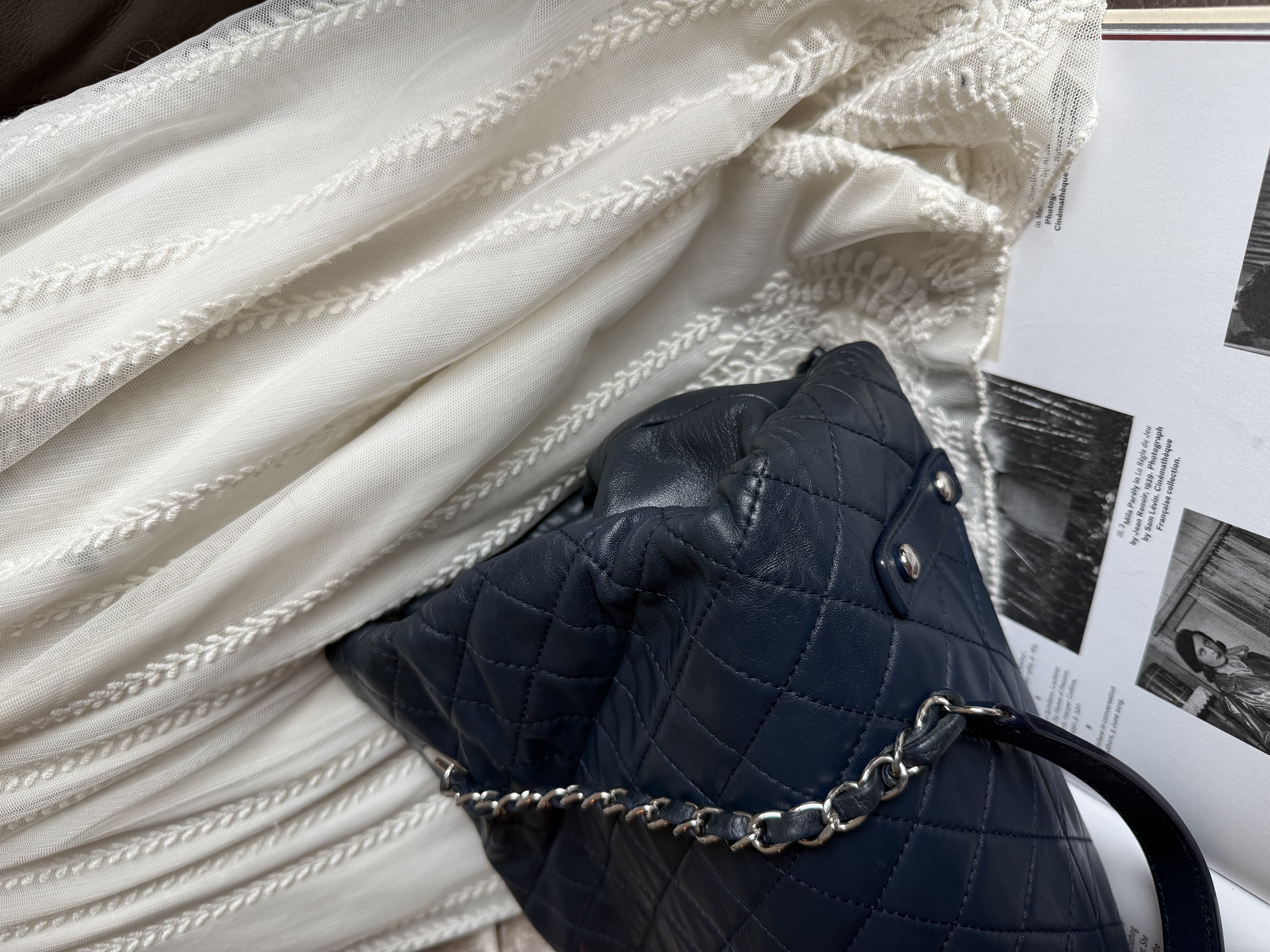 Chanel quilted matelasse navy leather chain bag