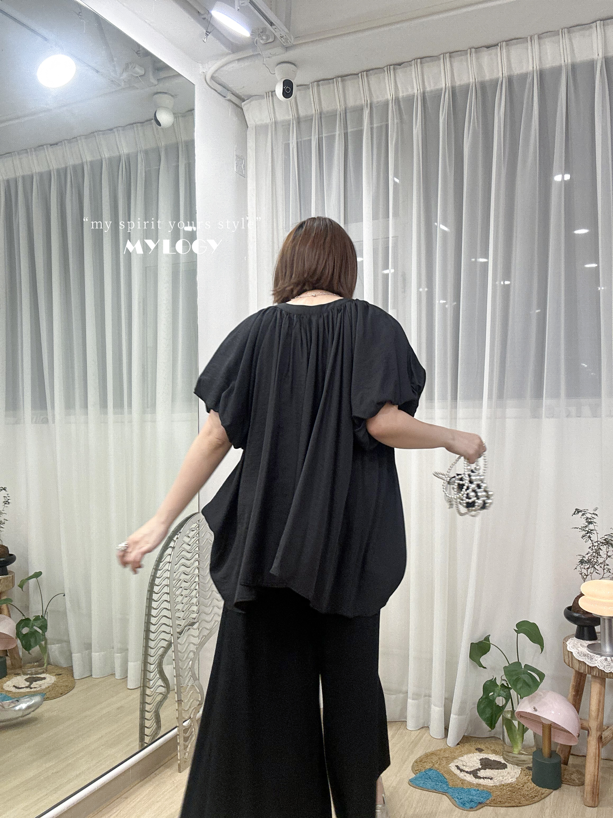 雲上的邱比特～泡泡袖綁帶襯衫 (內付頸/腰帶) AD0004 - 黑色 Black