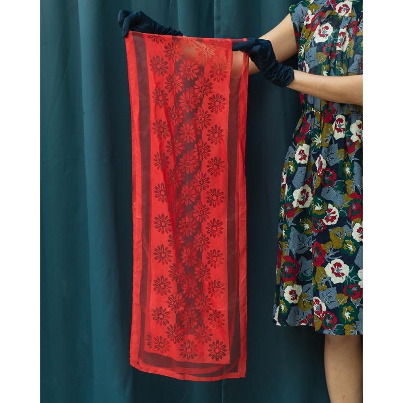 Vintage 1960s Red Floral Pattern Sheer Chiffon Long Scarf From Germany(MT1602)