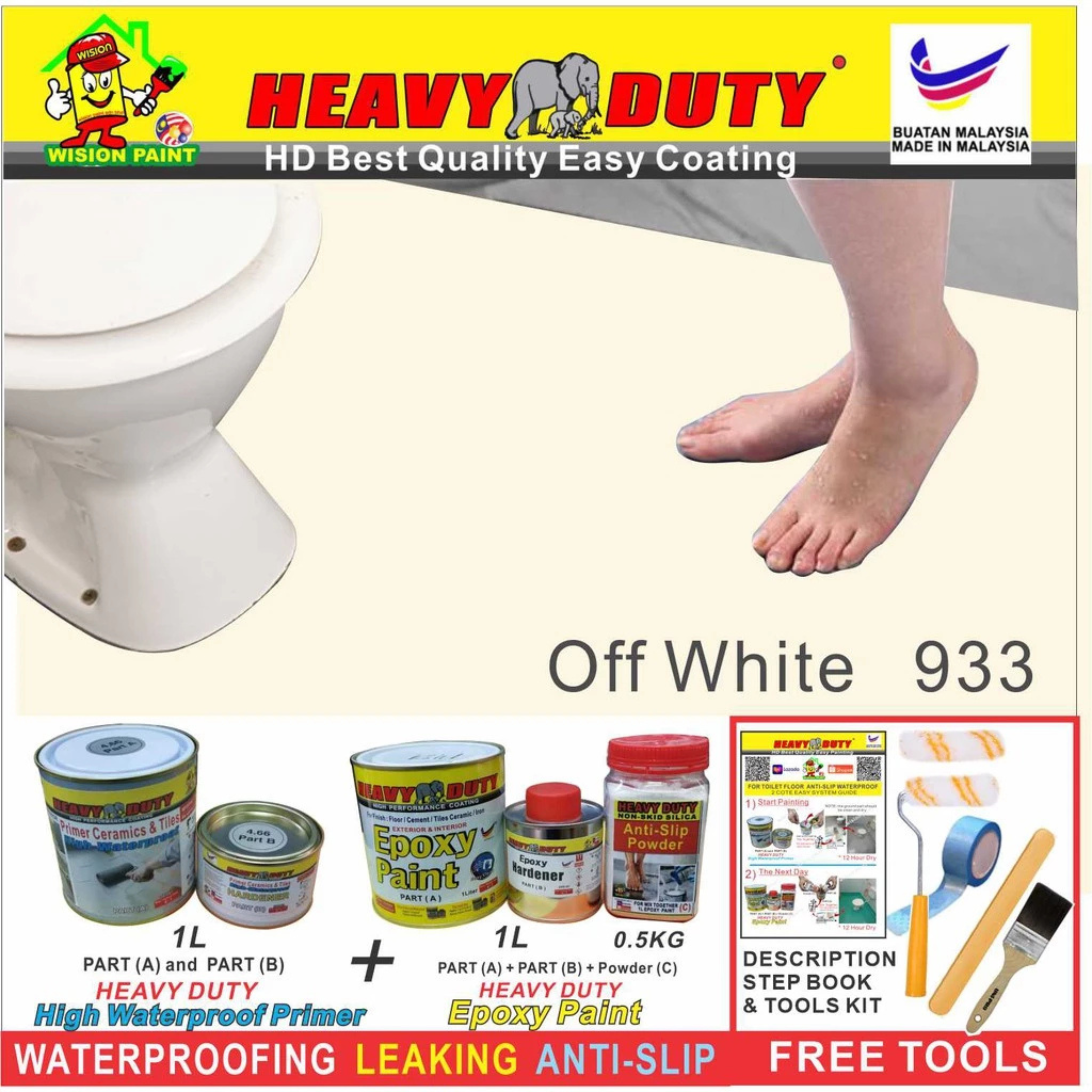 FULL SET (HEAVY DUTY BRAND) Floor Coating (Free Paint Tool Set) 1L Tile Primer + 1L Epoxy Colour + 0.5kg Non-skid Silic