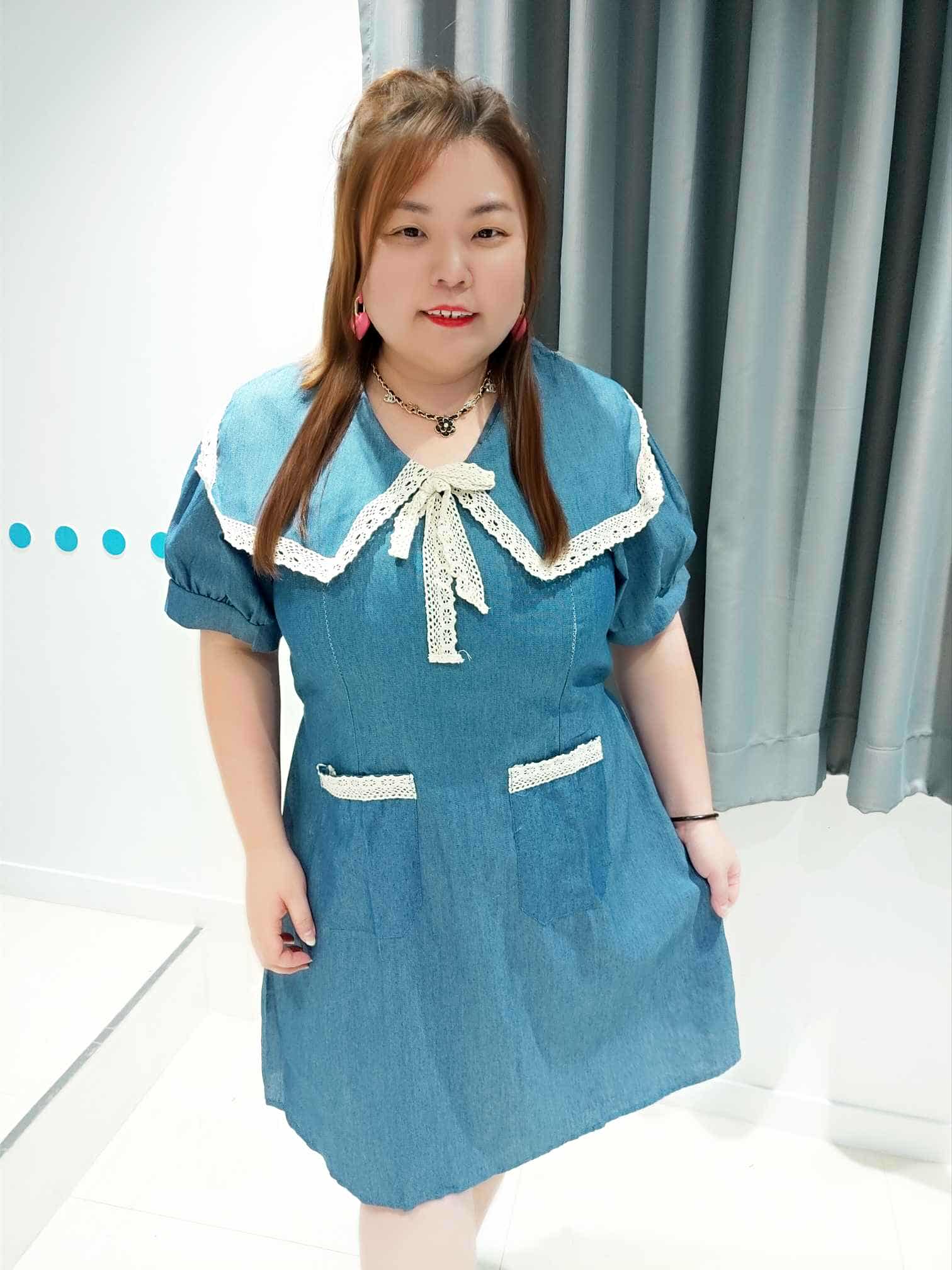 DSB06 拼筒花大衣领仿牛仔连身裙