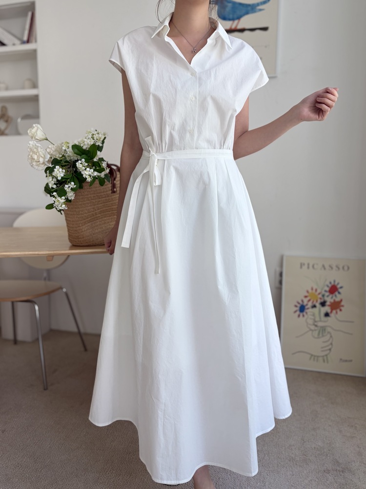 Elasticated Waist Shirt Dress (White)
