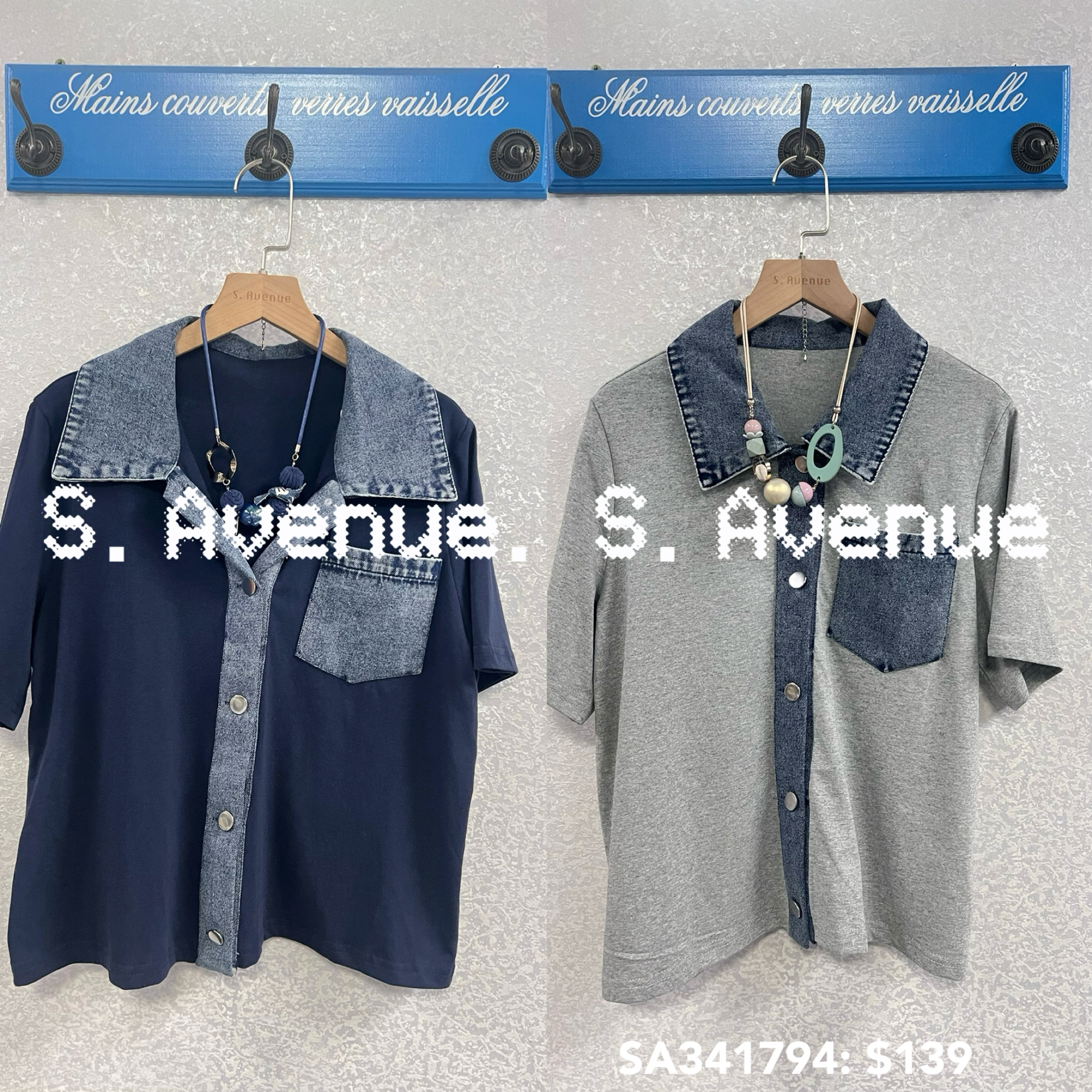 SA341794: 短袖有領牛仔邊有鈕top