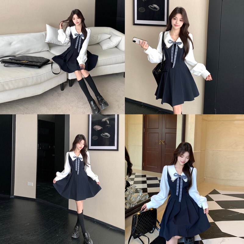 B45(8711) 韩系学院风娃娃领格纹蝴蝶结字母别针下摆百褶蓝连身裙