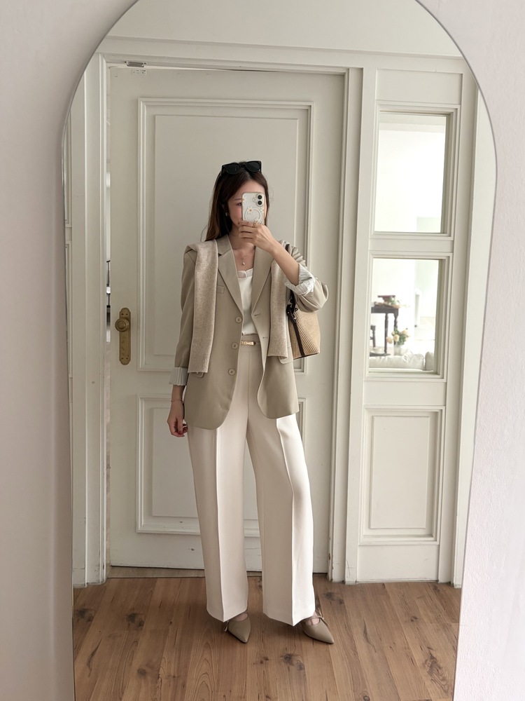 Margot Blazer with Striped Cuffs (Beige)