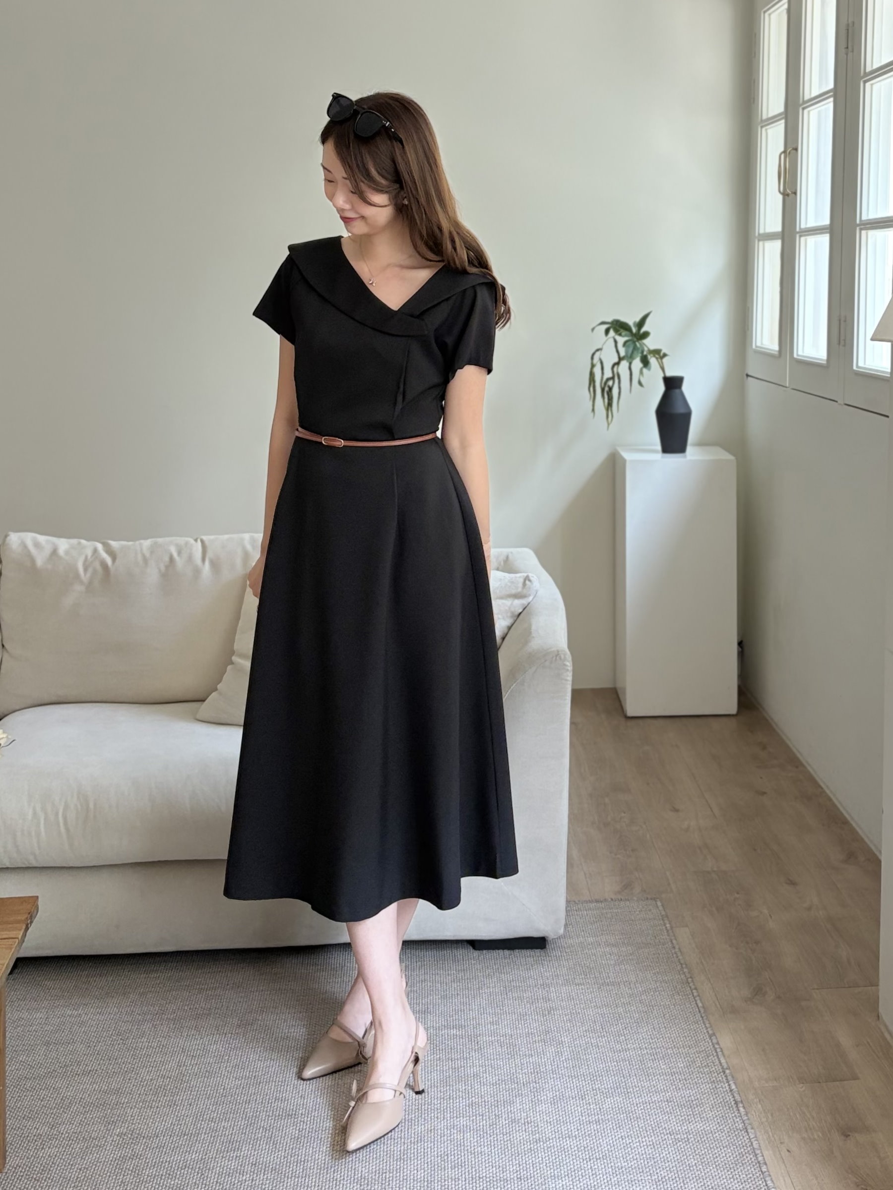 Sailor Collar Belted Dress (Black)