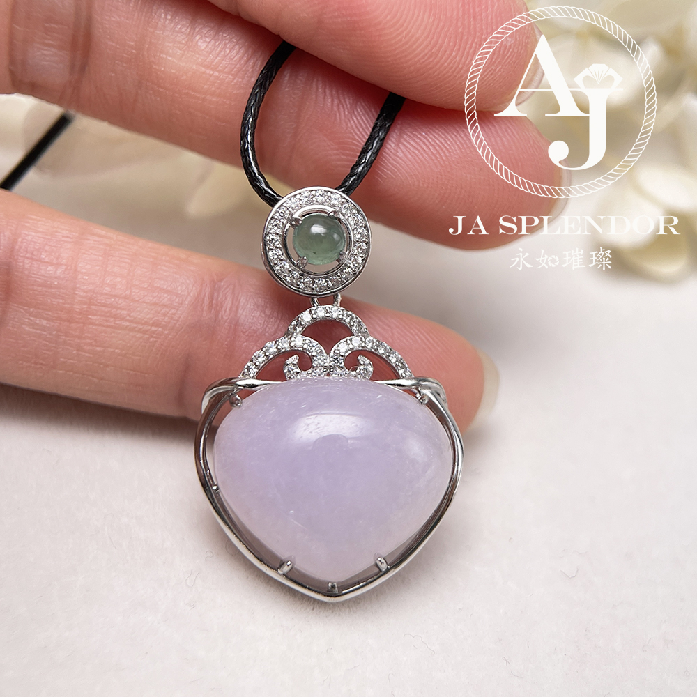 JNS-49 天然翡翠A 冰潤紫羅蘭心心相印綠色頂珠吊墜