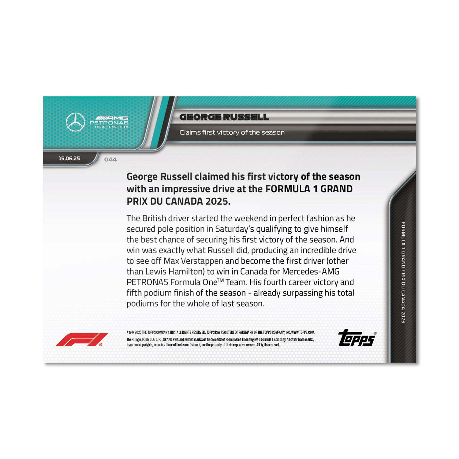 George Russell - 2025 F1 Topps NOW® #44 Canadian GP 贏車卡｜PR 1,925