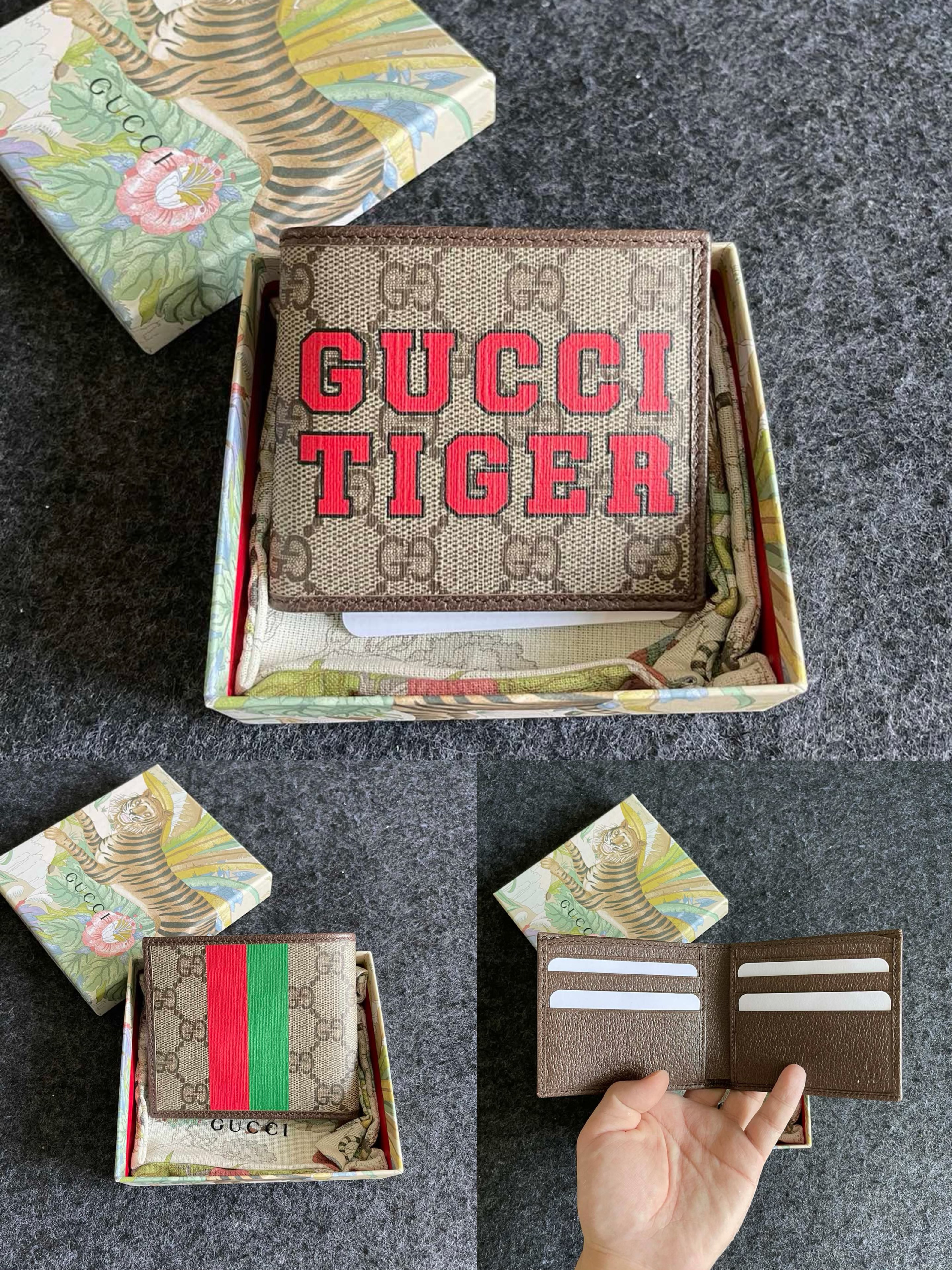 Gucci TIGER系列經典老花綠紅織帶8卡位銀包
