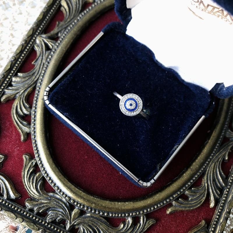 Edwardian Style Retro 925 Silver Blue Enamel Sparkling Stone Ring(MT286)