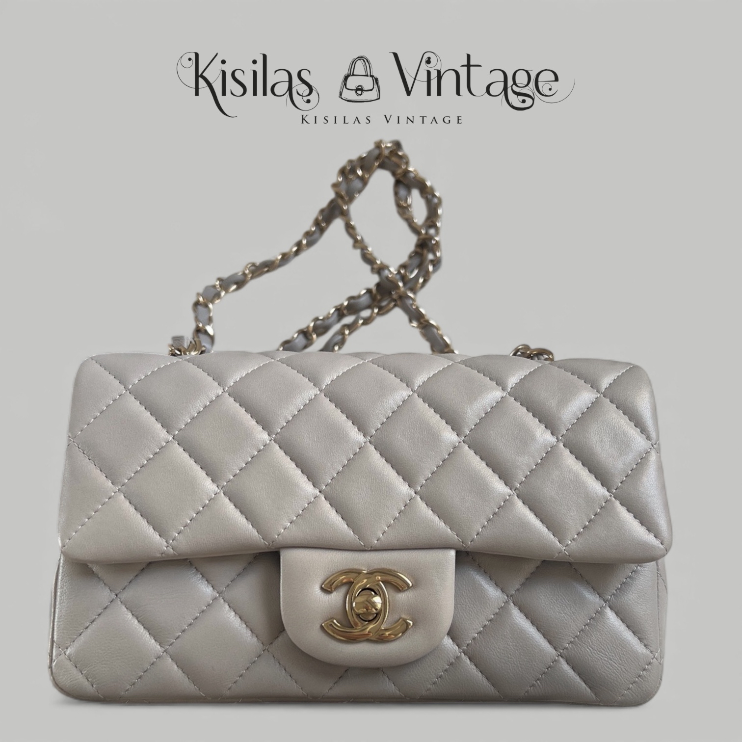 Chanel Lambskin 20cm大mini灰色金扣