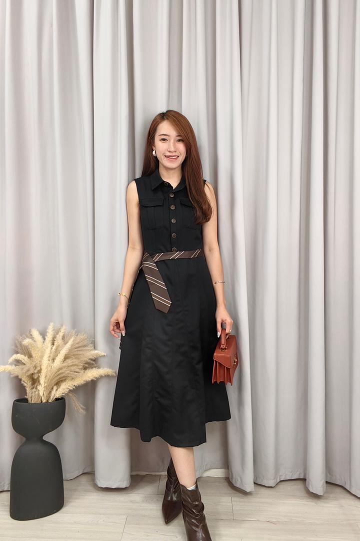 20908 Noir Belted Shirt Midi Dress