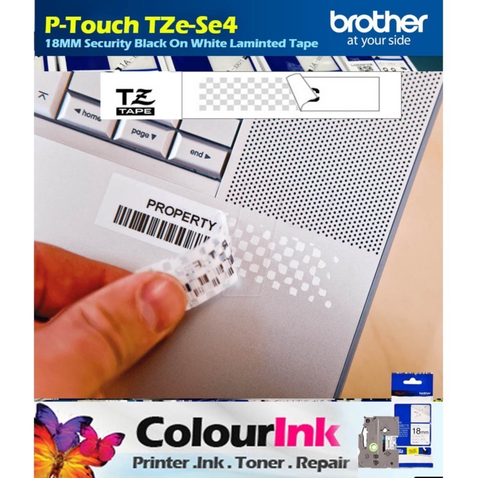 Brother Original Tze-SE4 18mm Black on White Security Laminated Sticker Tape for P-Touch D600 P900W P950 E300VP E550WVP