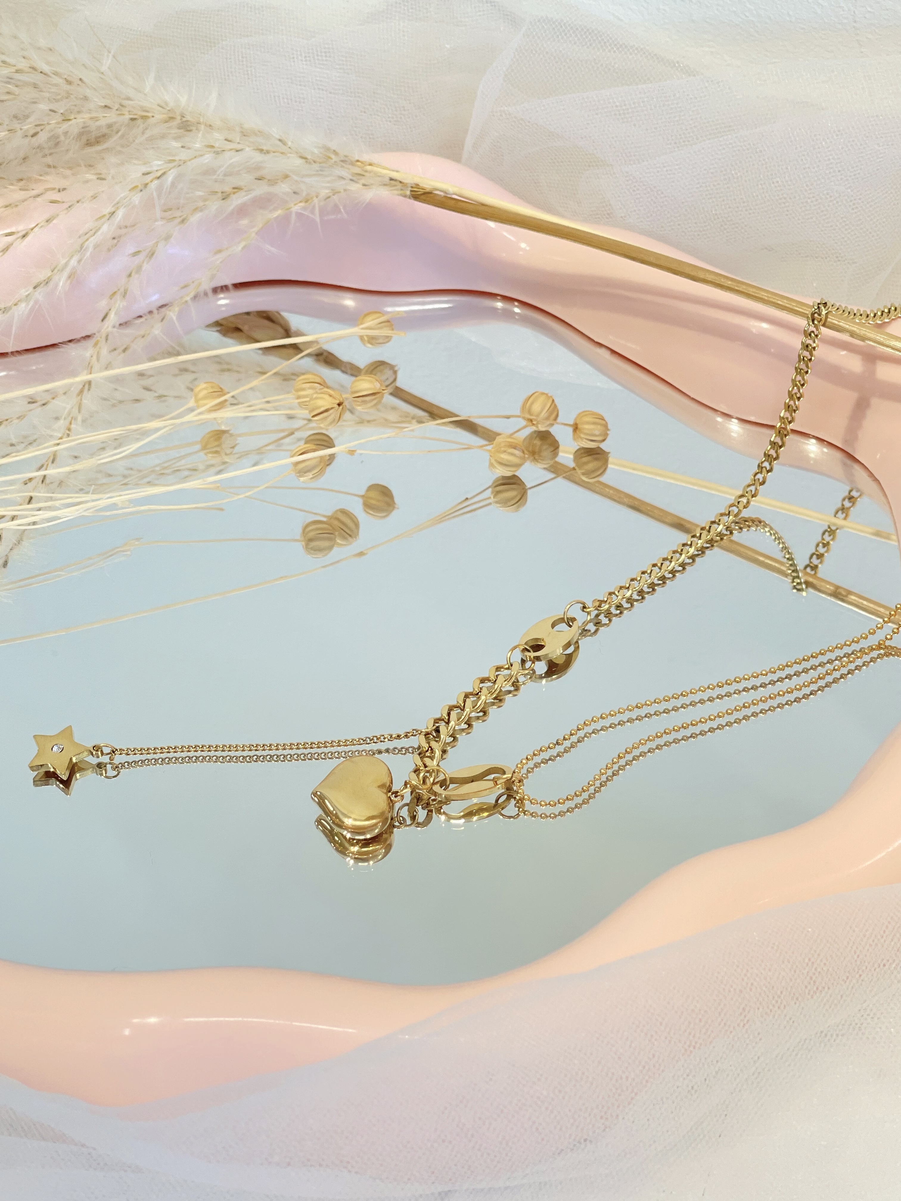 小猪鼻子爱心双链设计感钛钢项链