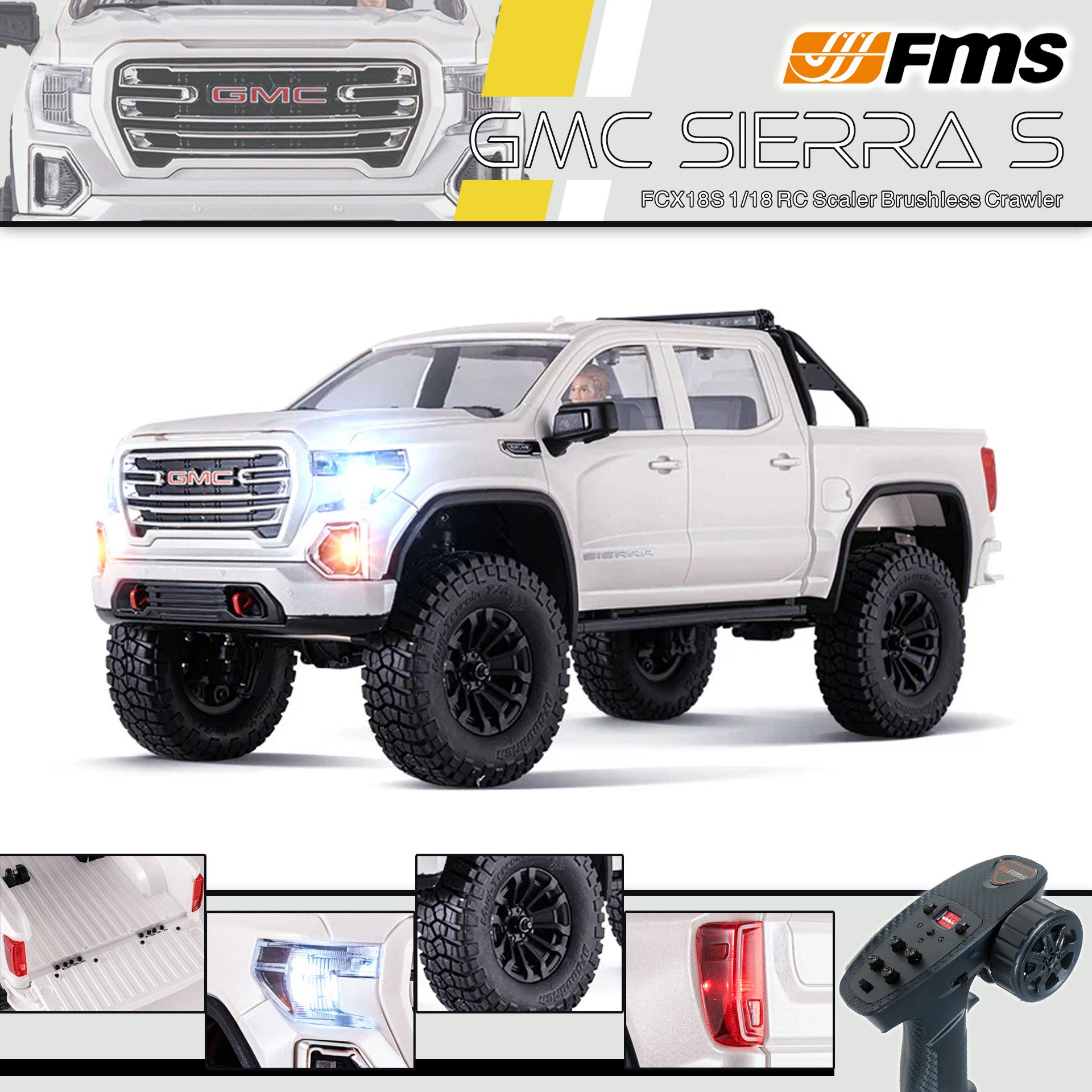 全新 FMS FCX18S 1:18 GMC Sierra S RTR Brushless | General Motors LLC授權 | 無刷版本 | 聯動指揮燈 | 2段機械變速 | 迷你慢爬車 | 遙控車 | 像真迷你遙控車