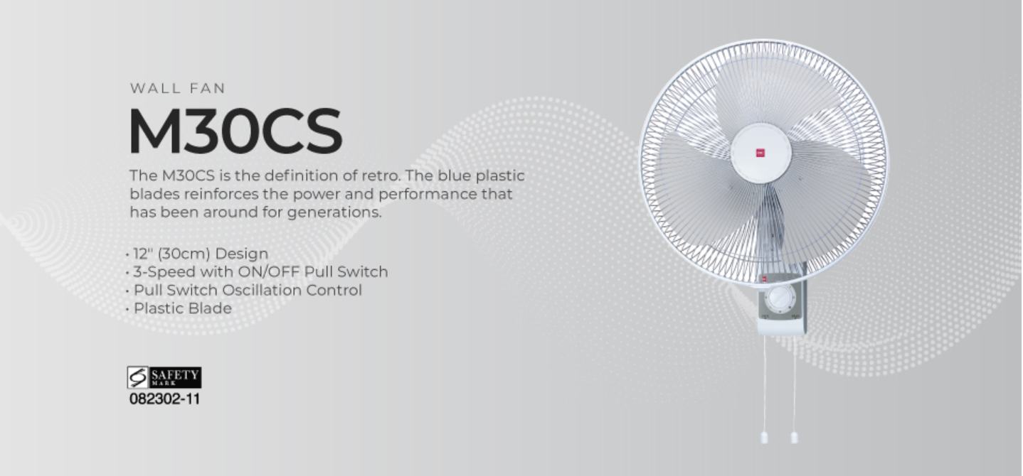 M30CS  3-speed Wall Fan with Pull Switch Oscillation Control (30cm/12”)