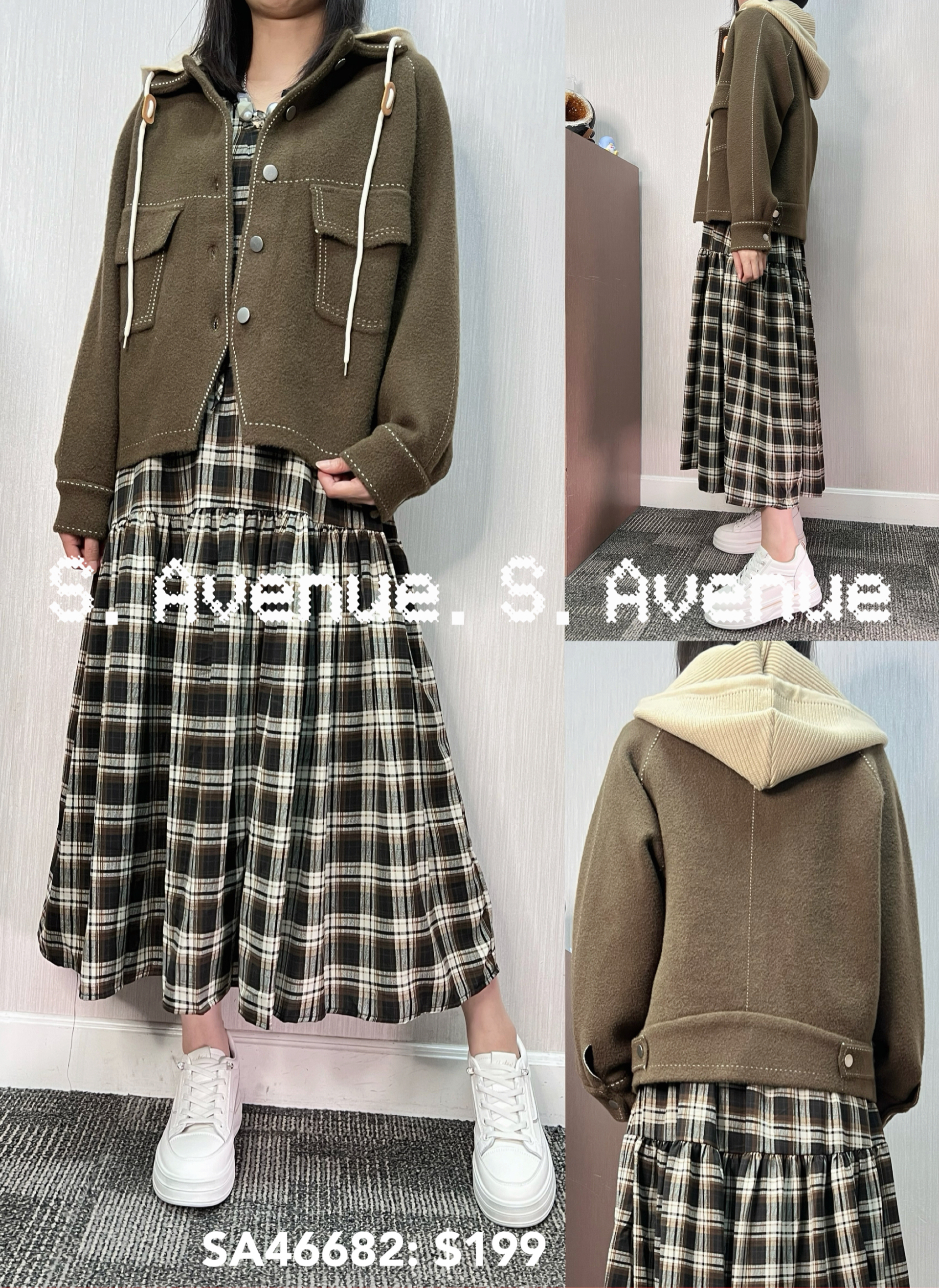 SA46682: 長袖有帽明線雙袋韓國絨褸