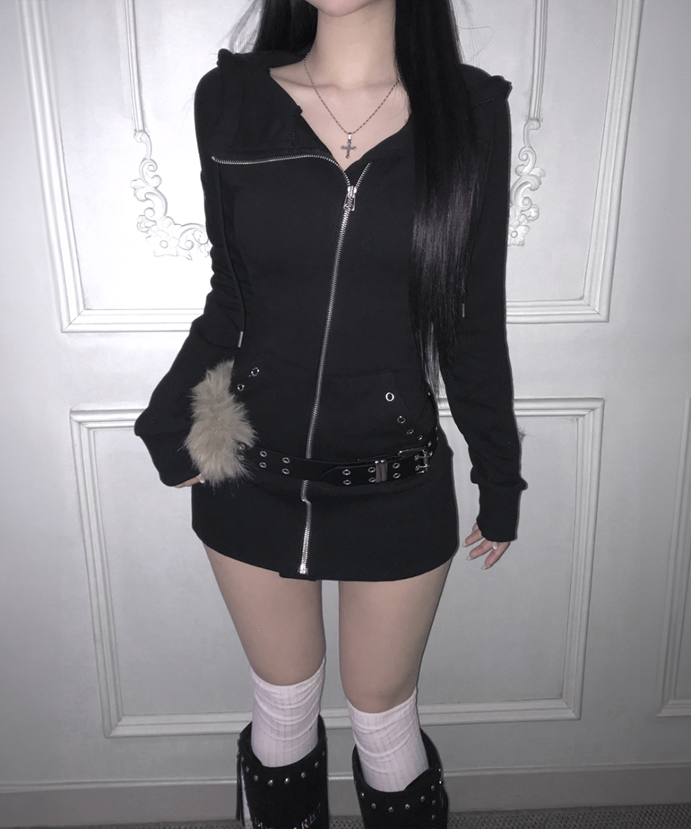 Zip-Up Hooded Eyelet Mini Dress