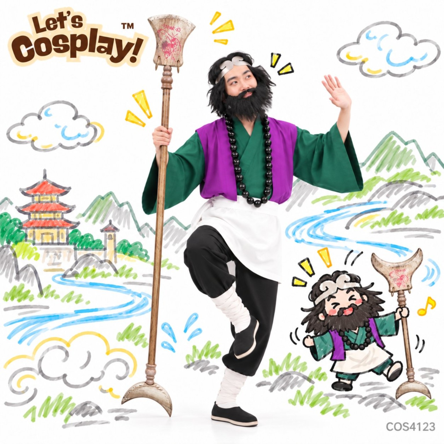 西遊記沙僧沙和尚角色扮演服裝套裝連頭箍佛珠武器道具,香港現貨Lets Cosplay COS4123