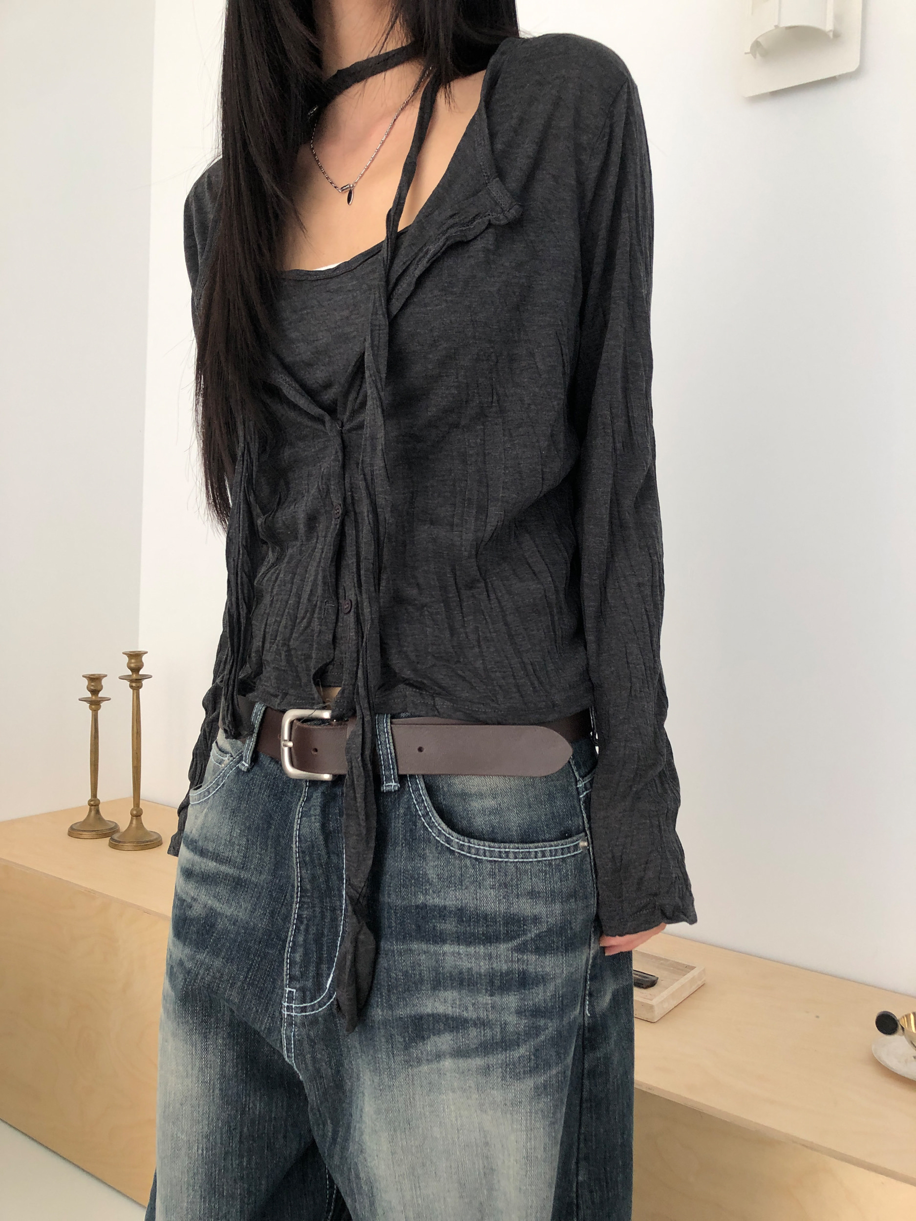 Sanded Washed Wide Leg Denim