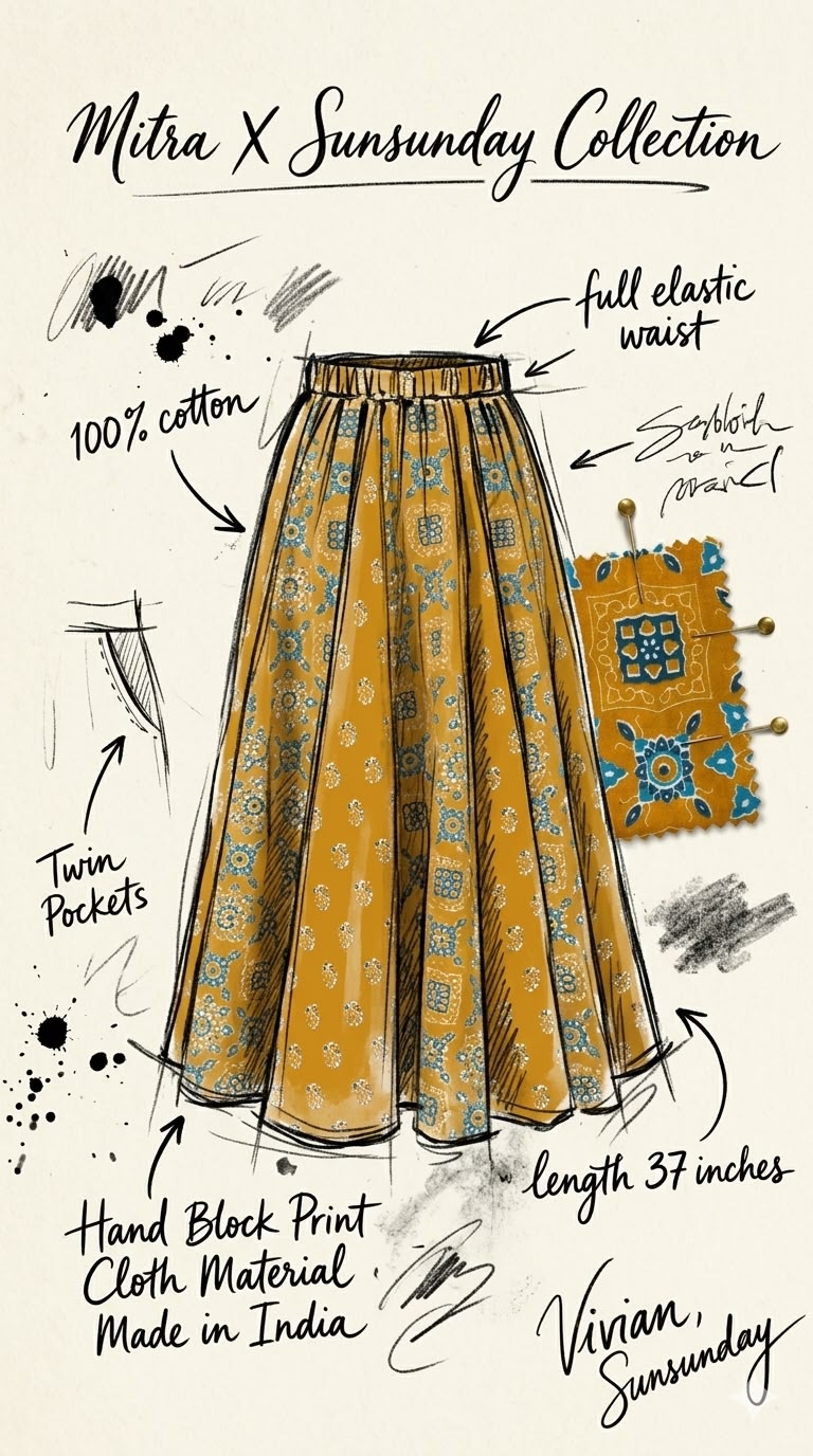 SSD004 Mustard Yellow Block Print Patch Work Skirt 37"