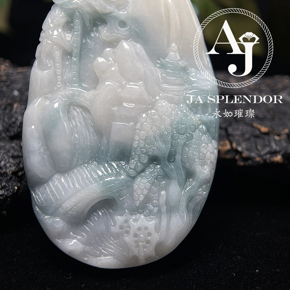 JN-38 天然翡翠A玉 細糯化飄藍花旺丁旺財山水牌