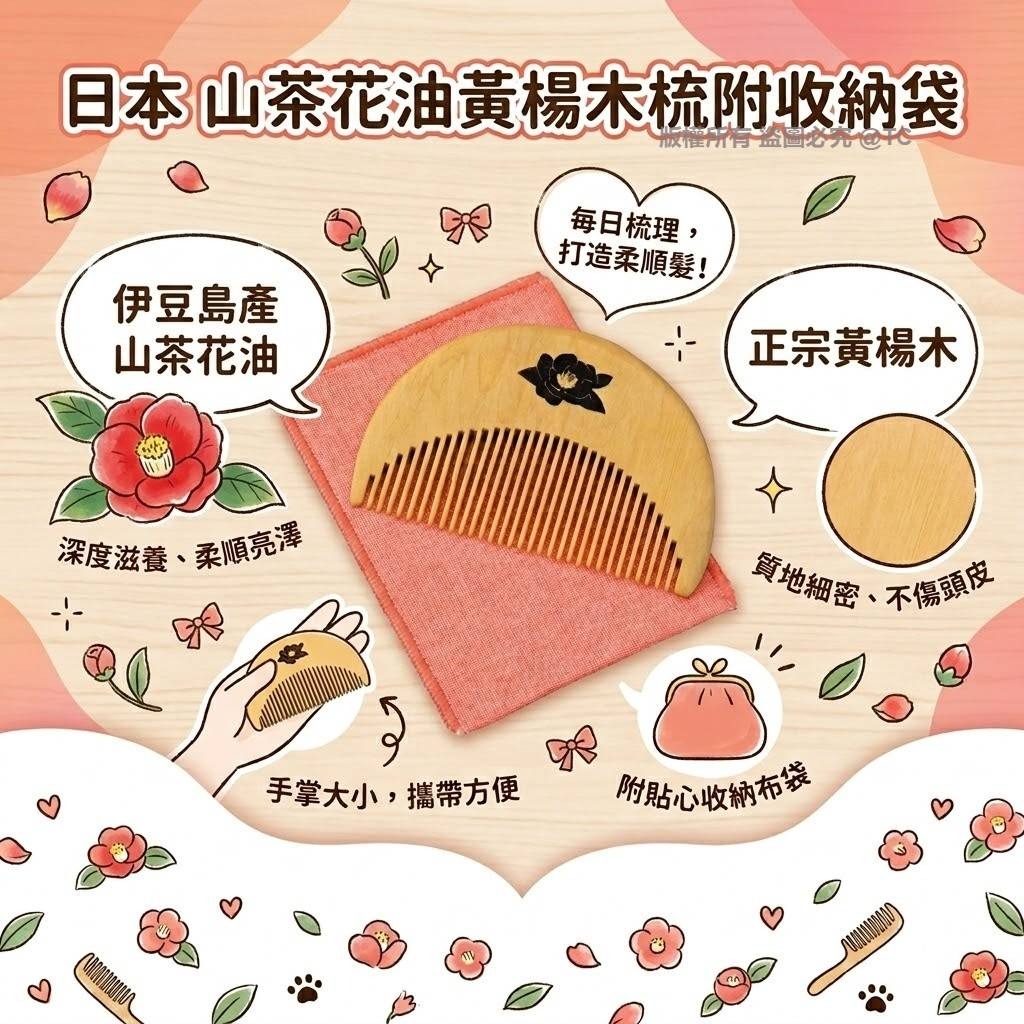 【日本製造 山茶花油黃楊木梳附收納袋】