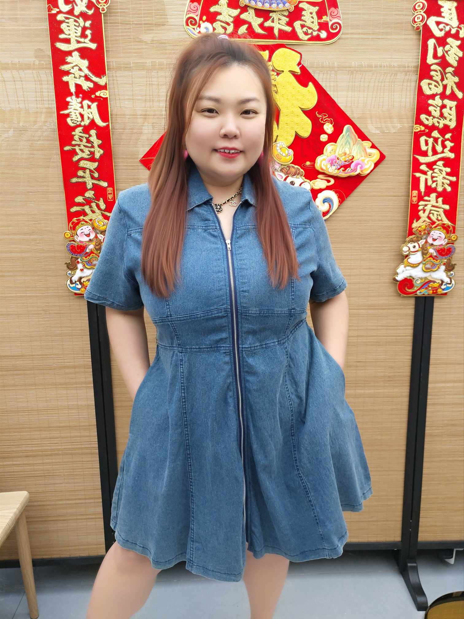 DDG04 6056(B14) 直拉链拼接设计牛仔连衣裙