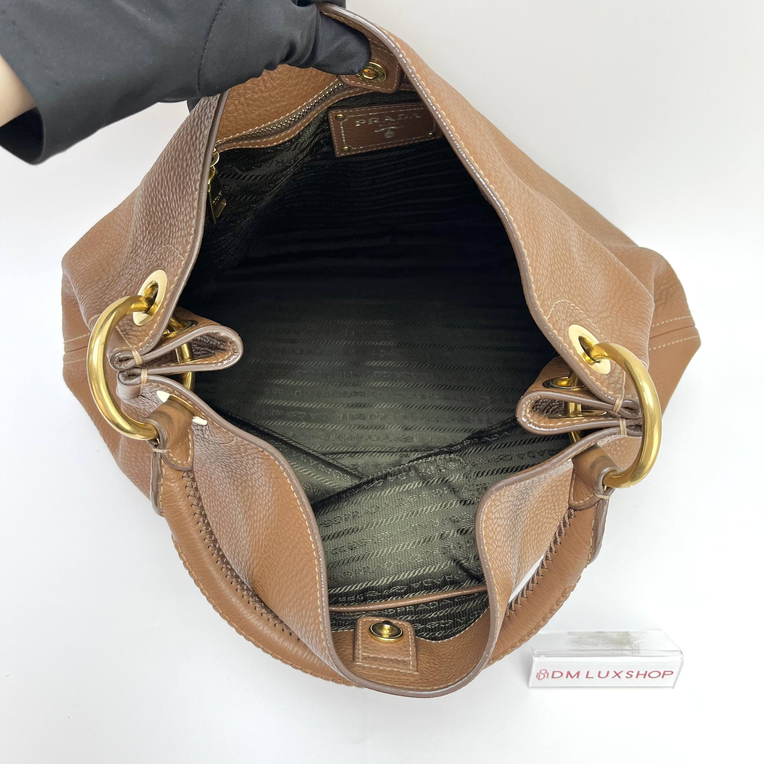 Prada Brown Leather Vitello Daino Hobo Bag GHW